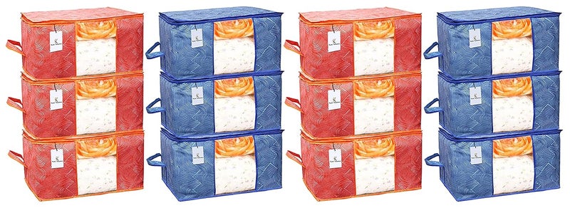 Kuber Industries Kuber Industries Leheriya Printed 12 Piece Non Woven Fabric Underbed Storage BagCloth OrganiserBlanket Cover with Transparent Window Orange Blue CTKTC41266  - Image 1