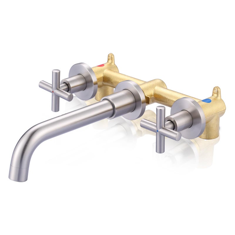ARCORA Brushed Nickel Bathroom Faucet 2 Handle Wall Mount Bathroom Faucet Vessel Sink Faucet Wall Mount and Roughin Valve Included