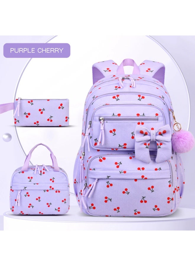 3PCS  Girls School Backpack Corduroy 8-12 Years Lightweight Spine-Protective School Supplies - Image 1