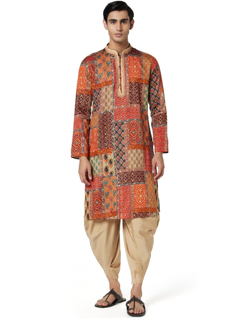 KISAH Men's Kurta Dhoti Set, Multi Cotton Blend, Printed Regular Fit Long Sleeves Mandarin Collar (Large) - Image 1