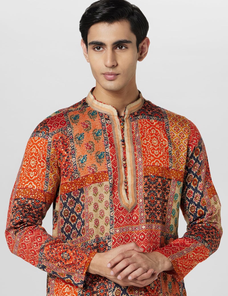 KISAH Men's Kurta Dhoti Set, Multi Cotton Blend, Printed Regular Fit Long Sleeves Mandarin Collar (Large) - Image 4