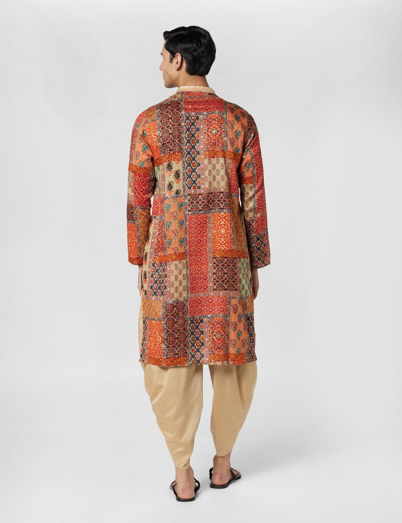 KISAH Men's Kurta Dhoti Set, Multi Cotton Blend, Printed Regular Fit Long Sleeves Mandarin Collar (Large) - Image 3