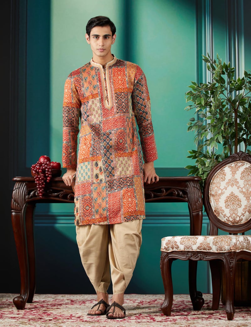 KISAH Men's Kurta Dhoti Set, Multi Cotton Blend, Printed Regular Fit Long Sleeves Mandarin Collar (Large) - Image 2
