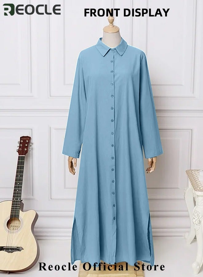 ريوكل فستان قميص نسائي بقصّة فضفاضة أساسية وأكمام طويلة بلون سادة فستان طويل بسيط غير رسمي فستان نحيف مع جيوب - Image 4