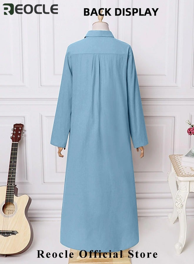 ريوكل فستان قميص نسائي بقصّة فضفاضة أساسية وأكمام طويلة بلون سادة فستان طويل بسيط غير رسمي فستان نحيف مع جيوب - Image 5