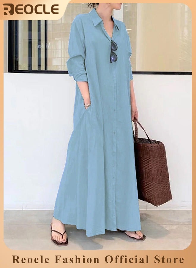 ريوكل فستان قميص نسائي بقصّة فضفاضة أساسية وأكمام طويلة بلون سادة فستان طويل بسيط غير رسمي فستان نحيف مع جيوب - Image 1