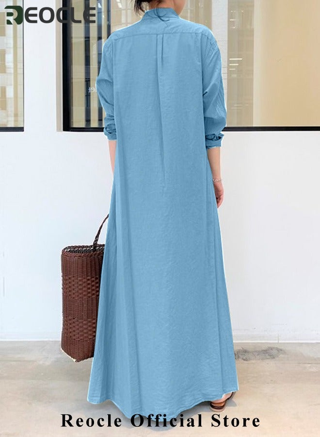 ريوكل فستان قميص نسائي بقصّة فضفاضة أساسية وأكمام طويلة بلون سادة فستان طويل بسيط غير رسمي فستان نحيف مع جيوب - Image 2