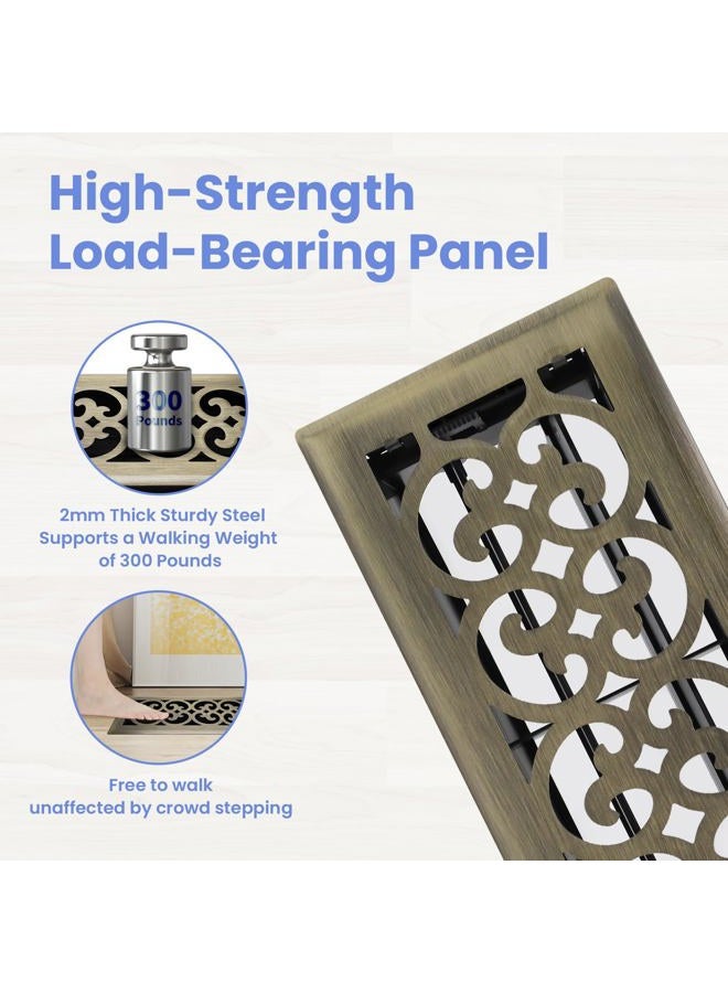 Howeall 4x10 Inches Heavy Duty Walkable Floor Register Easy Adjust Air Supply Lever Floor Vents - Charlotte Design - Vent Cover for Home Floor - Antique Brass - Image 2