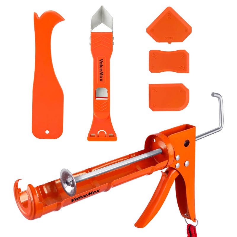 ValueMax Caulk Gun and Caulk Scraper Kit, 10OZ Smooth Silicone Caulking Gun with Caulk Remover Tool, 10:1 Thrust Ratio, Sealant Finishing Tool Grout Scraper for Caulking/Filling/Sealing - Image 1