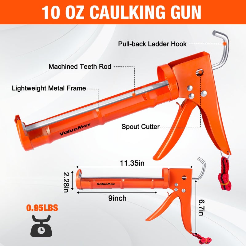 ValueMax Caulk Gun and Caulk Scraper Kit, 10OZ Smooth Silicone Caulking Gun with Caulk Remover Tool, 10:1 Thrust Ratio, Sealant Finishing Tool Grout Scraper for Caulking/Filling/Sealing - Image 2