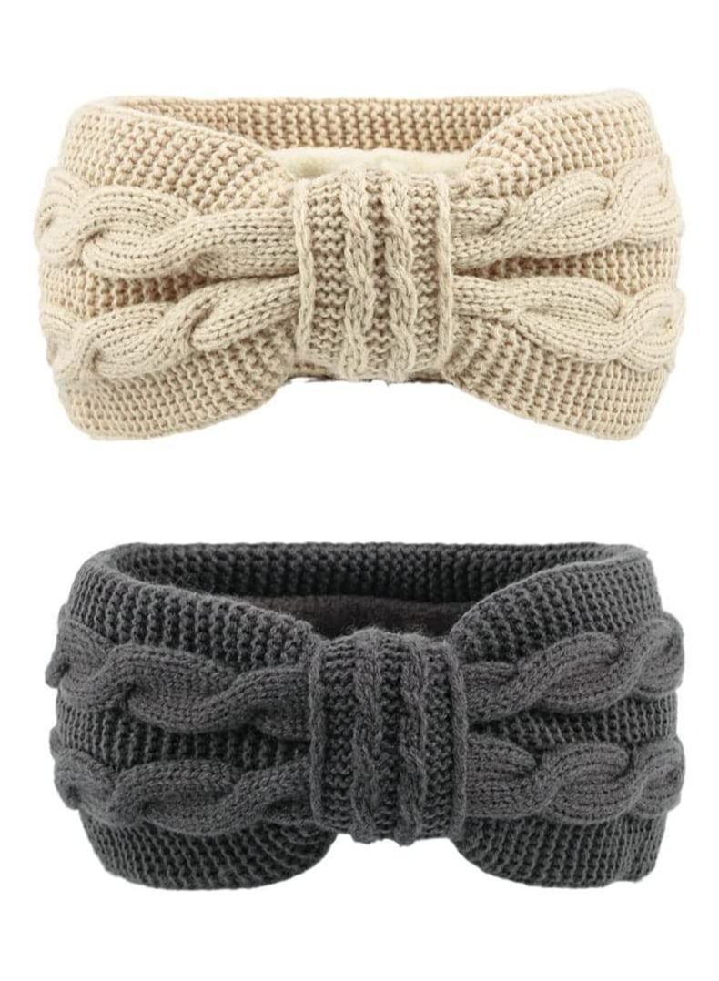 SYOSI 2 Winter Headband, Women's Knit Headband, Ear Warmers, Bow Headband, Cycling Warmers, Running, Travel (Beige/Grey) - Image 1