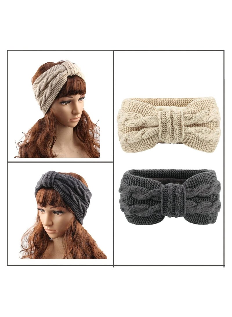 SYOSI 2 Winter Headband, Women's Knit Headband, Ear Warmers, Bow Headband, Cycling Warmers, Running, Travel (Beige/Grey) - Image 5