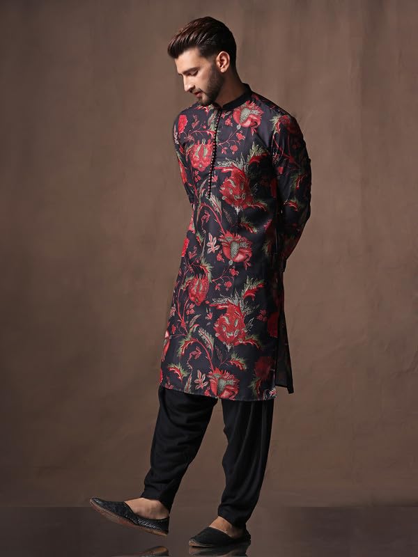 KISAH Men's Kurta Patiala Set, Cotton Blend, Ethnic Motifs Mandarin Collar Regular Fit Long Sleeves, Black, 40 - Image 4