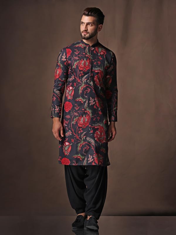 KISAH Men's Kurta Patiala Set, Cotton Blend, Ethnic Motifs Mandarin Collar Regular Fit Long Sleeves, Black, 40 - Image 2