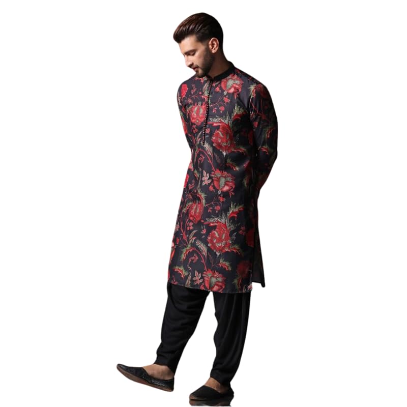 KISAH Men's Kurta Patiala Set, Cotton Blend, Ethnic Motifs Mandarin Collar Regular Fit Long Sleeves, Black, 40 - Image 1