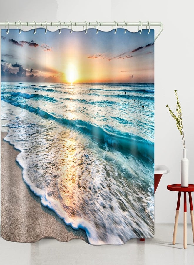 LYFANS Shower Curtains Waterproof Polyester Fabric,Large Width Bright Partition Curtain with Sunrise Beach Print,Shower Curtain Liner for Bathtub Bathroom with 12 White Hooks (72 x72 inches) - Image 2