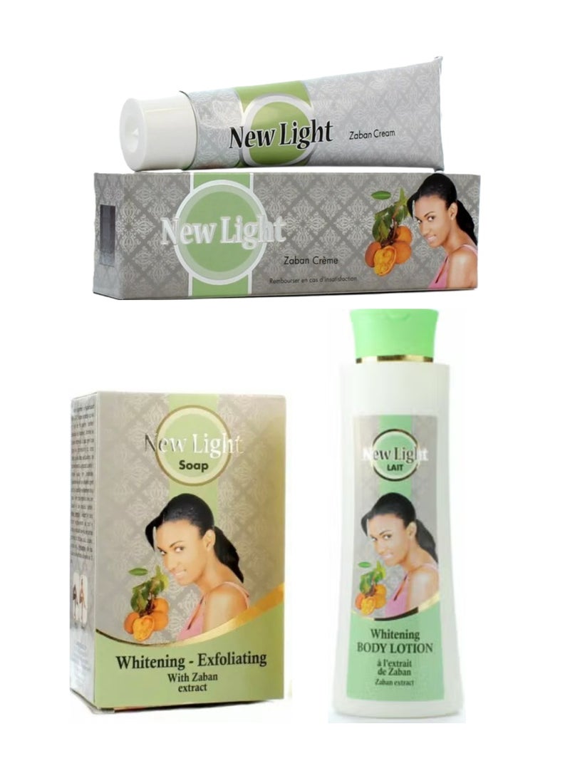 نيو لايت لوشن للجسم 400 مل، صابون 350 غ، وكريم أنبوبي لتفتيح البشرة بخلاصة الزبان، يرطب وينعم ويفتح لون البشرة - Image 1