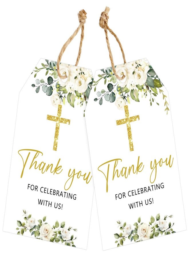 joycraft 50 PCS Baptism Thank You Gift Tags with String, 3.3x2.1 in Wedding Party Favor Tags, Gold Cross Greenery Hangtags for Baby Shower, Birthday, Communion, Bible Study, Family Prayer - Image 1