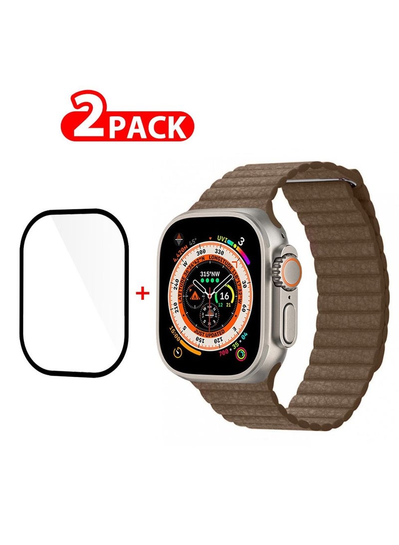 CATANES 2 Packs For Apple Watch Band 49mm Leather Loop Band Magnetic Watch Strap Wristband and 3D Screen Protector Brown  - Image 1