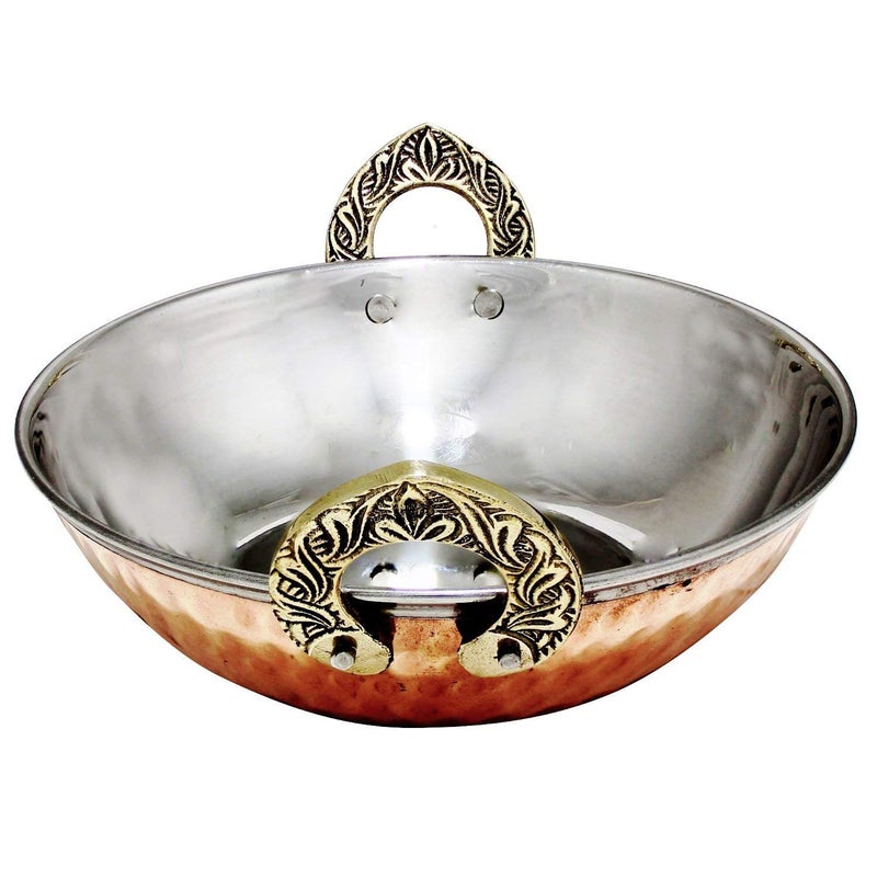 UKAL Set of 4 Indian Copper Serveware Karahi Vegetable Dinner Bowl with Solid Brass Handle for Indian Food Diameter 13 Cm 52 Inches - Image 4