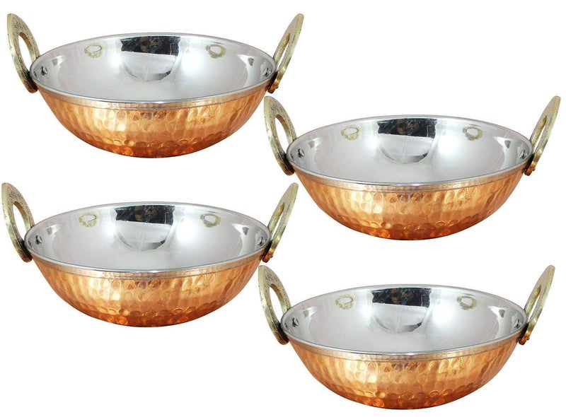 UKAL Set of 4 Indian Copper Serveware Karahi Vegetable Dinner Bowl with Solid Brass Handle for Indian Food Diameter 13 Cm 52 Inches - Image 1