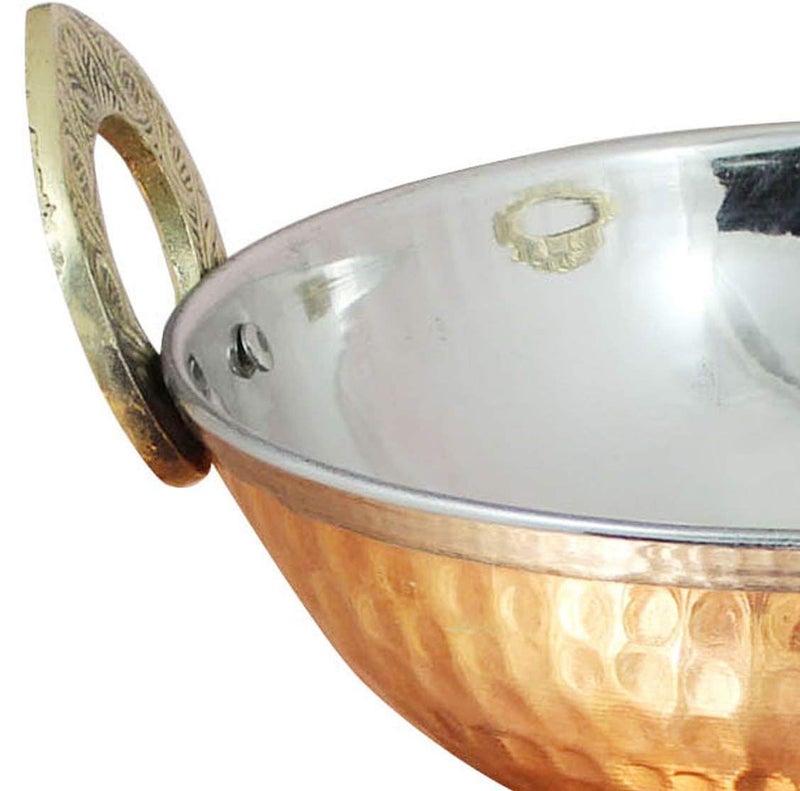 UKAL Set of 4 Indian Copper Serveware Karahi Vegetable Dinner Bowl with Solid Brass Handle for Indian Food Diameter 13 Cm 52 Inches - Image 3