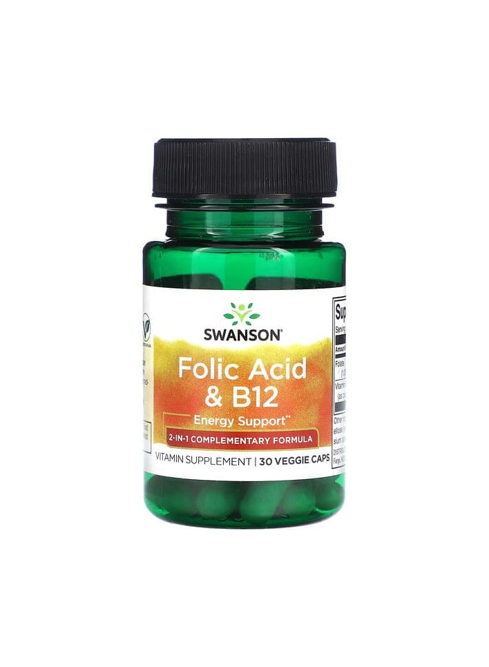 SWANSON حمض الفوليك و ب12، 30 كبسولة نباتية