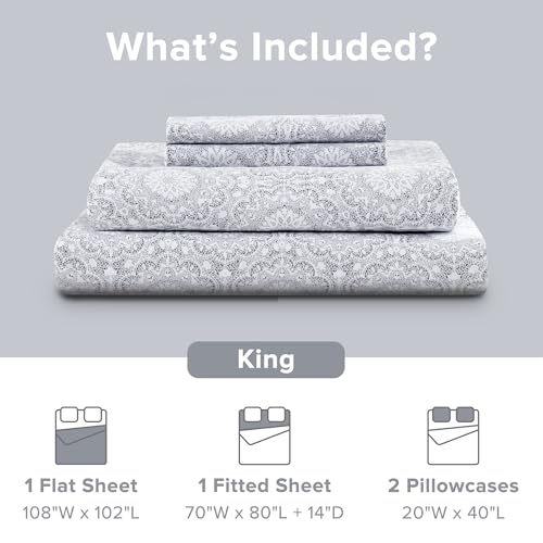 Comfort Spaces 100% Cotton Sheets King, Breathable, Naturally Cool Cotton Sheets, Soft Cotton Bed Sheets with 14" Elastic Pocket Fits up to 16" Mattress, All Seasons Sheet Set, Adelia Gray 4 Piece - Image 3