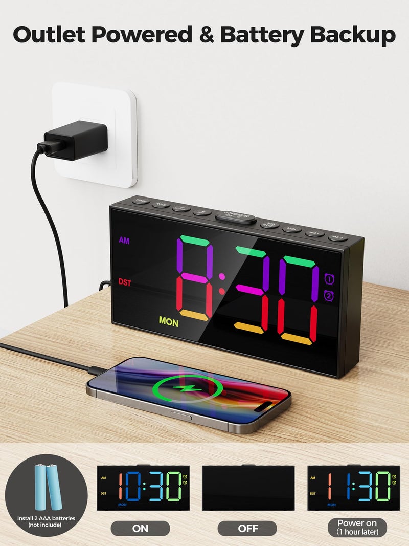 PPLEE RGB Digital Alarm Clock for Bedrooms with Day Display, Loud Dual Alarms for Heavy Sleepers, Plug-in Bedside Clock with USB Charging, Dimmable Large LED Display, Snooze for Kids Teens Boys Girls - Image 5