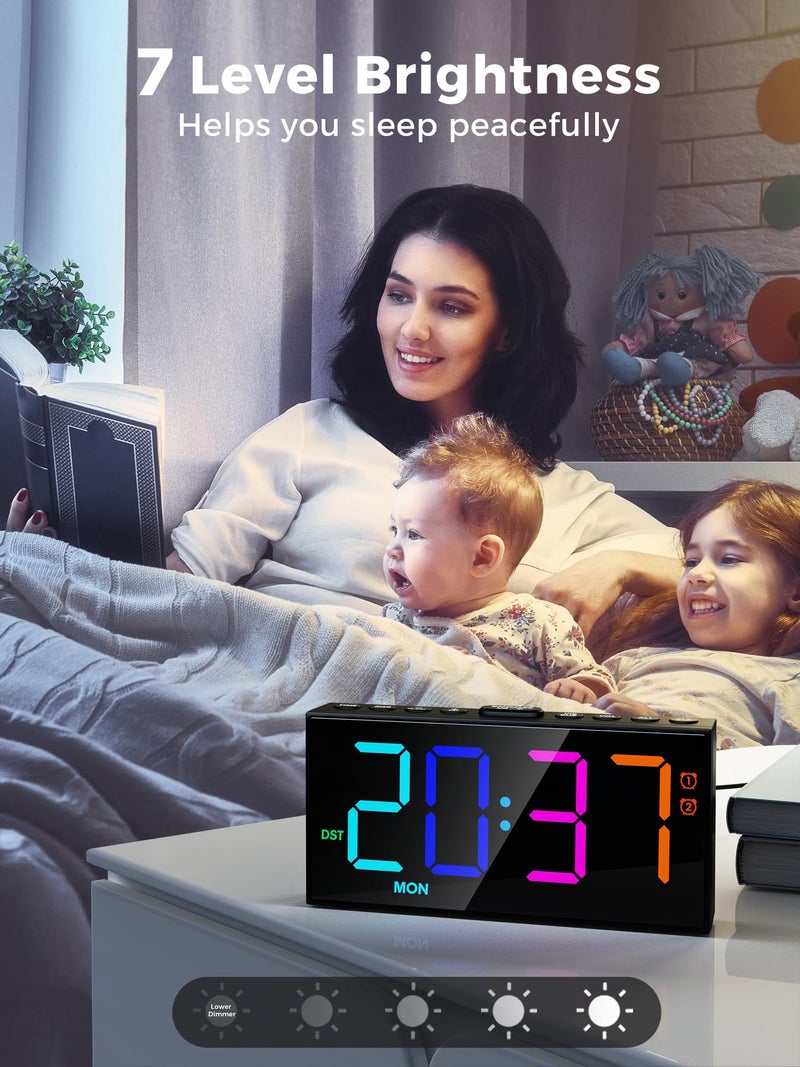 PPLEE RGB Digital Alarm Clock for Bedrooms with Day Display, Loud Dual Alarms for Heavy Sleepers, Plug-in Bedside Clock with USB Charging, Dimmable Large LED Display, Snooze for Kids Teens Boys Girls - Image 3
