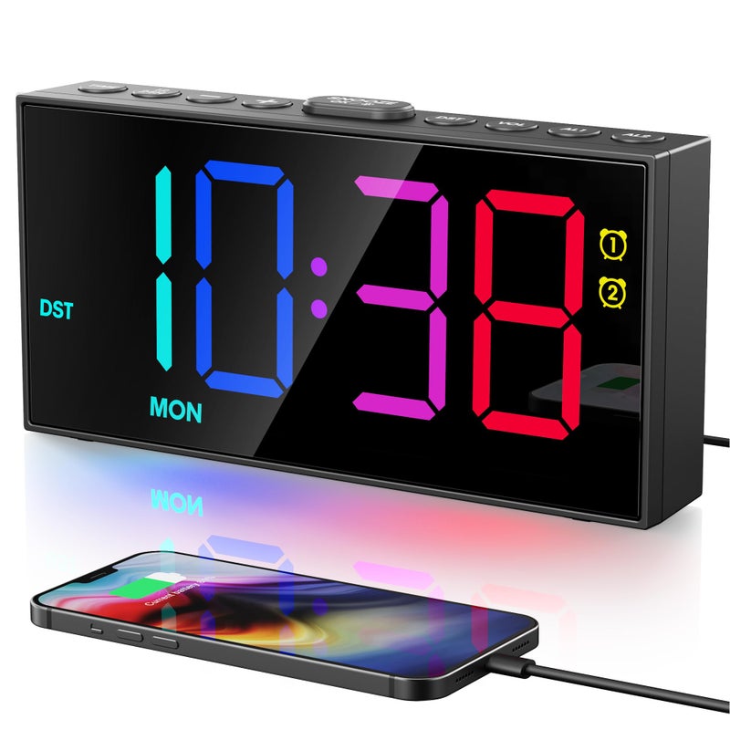 PPLEE RGB Digital Alarm Clock for Bedrooms with Day Display, Loud Dual Alarms for Heavy Sleepers, Plug-in Bedside Clock with USB Charging, Dimmable Large LED Display, Snooze for Kids Teens Boys Girls - Image 1