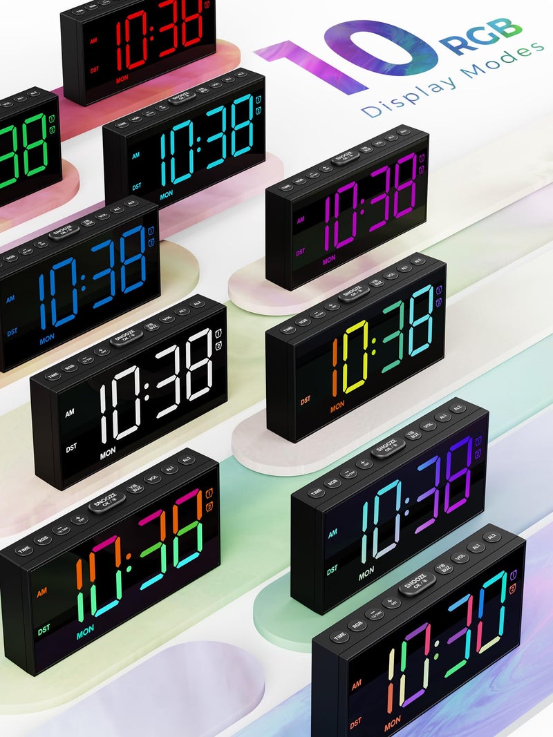 PPLEE RGB Digital Alarm Clock for Bedrooms with Day Display, Loud Dual Alarms for Heavy Sleepers, Plug-in Bedside Clock with USB Charging, Dimmable Large LED Display, Snooze for Kids Teens Boys Girls - Image 2