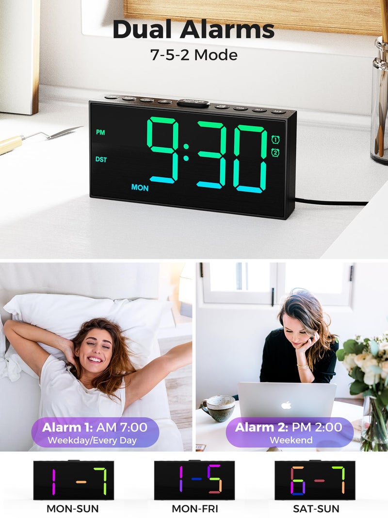 PPLEE RGB Digital Alarm Clock for Bedrooms with Day Display, Loud Dual Alarms for Heavy Sleepers, Plug-in Bedside Clock with USB Charging, Dimmable Large LED Display, Snooze for Kids Teens Boys Girls - Image 4