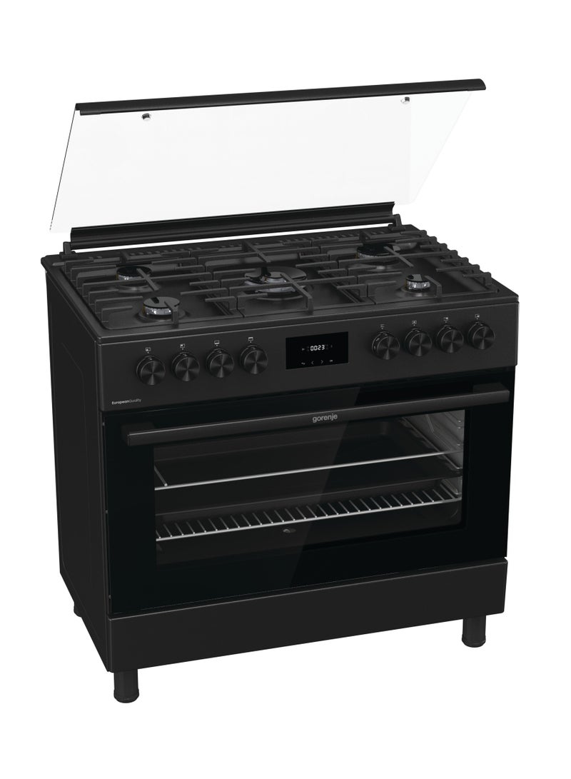 90 cm Freestanding Black Gas Cooker,5 gas burners, net capcity 92 Litres Multifunction Oven with Fan, Cast Iron Pan Support, AirFry. GGI9C20B black
