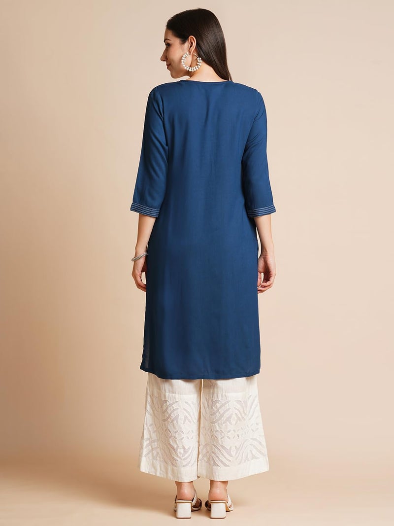 RATAN Women Rayon Regular Straight Embroidered Ethnic Wear Kurta (FLK-1317-X-Large_Blue) - Image 4