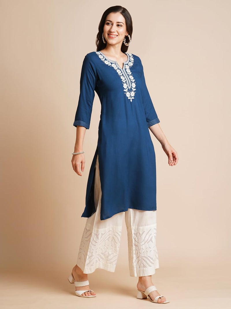 RATAN Women Rayon Regular Straight Embroidered Ethnic Wear Kurta (FLK-1317-X-Large_Blue) - Image 5