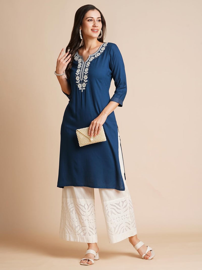 RATAN Women Rayon Regular Straight Embroidered Ethnic Wear Kurta (FLK-1317-X-Large_Blue) - Image 3
