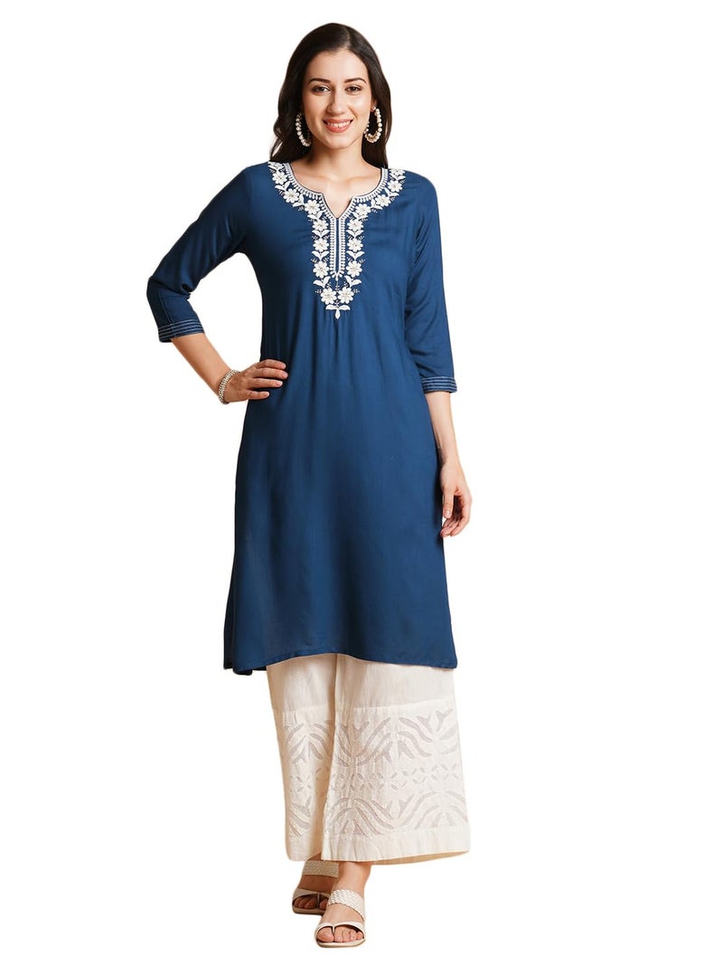 RATAN Women Rayon Regular Straight Embroidered Ethnic Wear Kurta (FLK-1317-X-Large_Blue) - Image 1