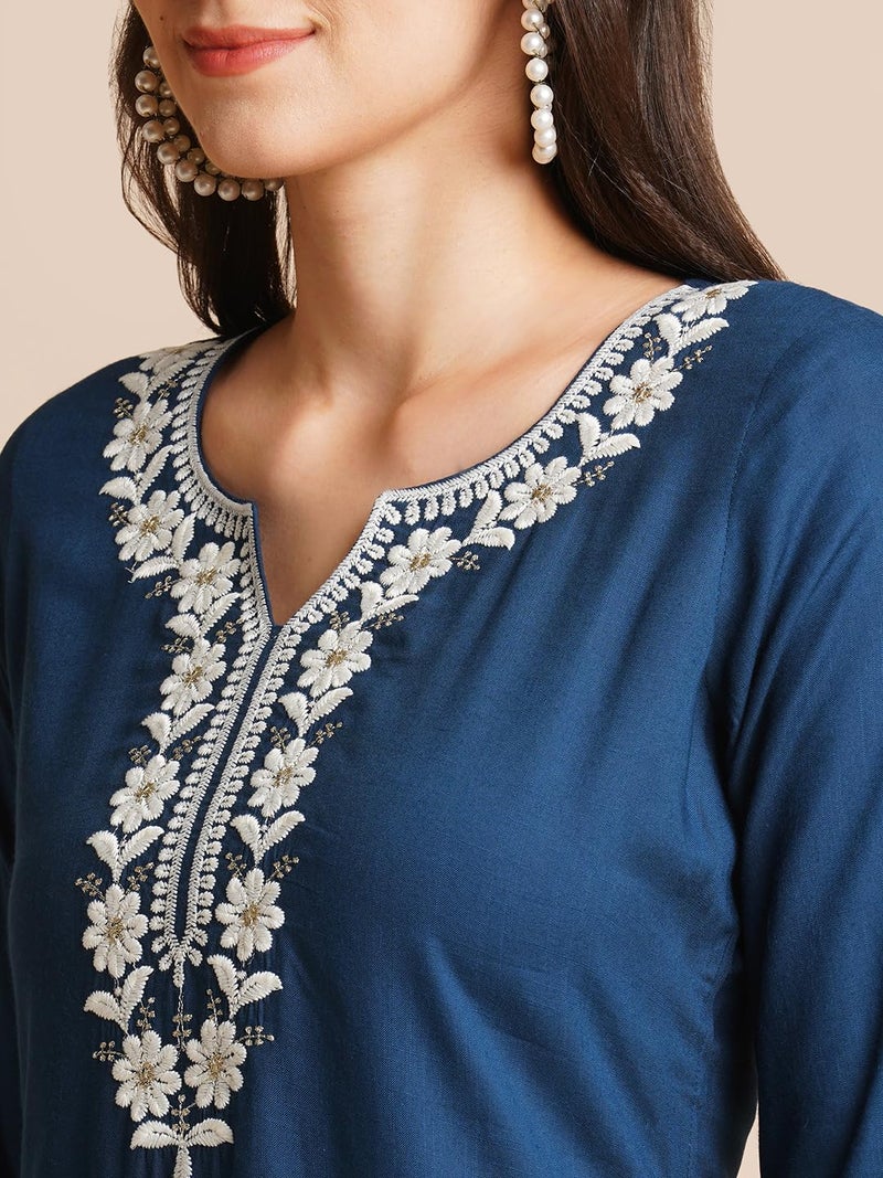 RATAN Women Rayon Regular Straight Embroidered Ethnic Wear Kurta (FLK-1317-X-Large_Blue) - Image 2