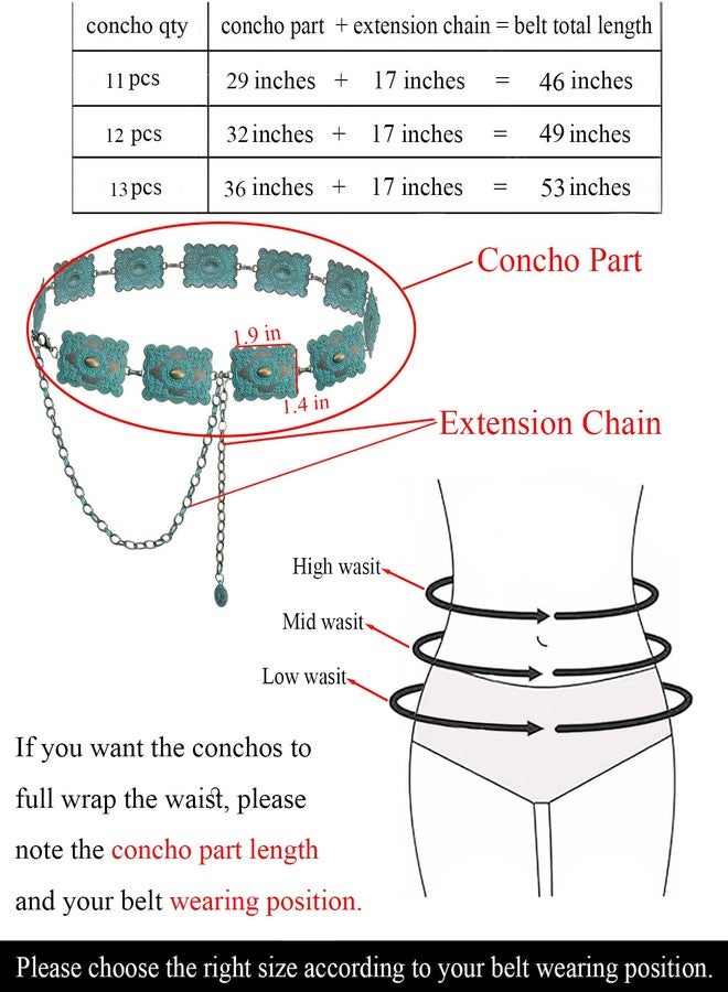 TOPACC Turquoise Concho belts for Women Western Square Teal Metal Cowgirl Boho Chain Belt for Dresses Jeans Country Concert Outfit - Image 5