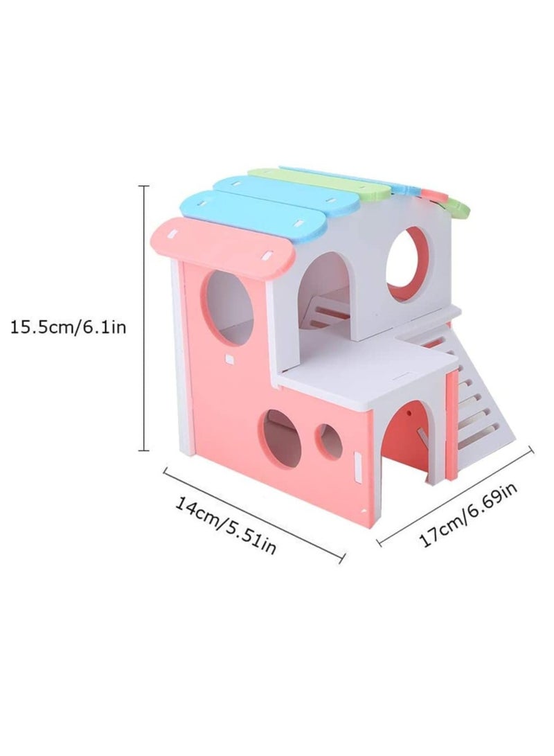 SYOSI Wooden Hamster House, Hamster Hideout House with Stair Exercise Toys, Small Animal Pet Play House, Dual-layer Hamster Villa with Hamster Ladder(Pink) - Image 5