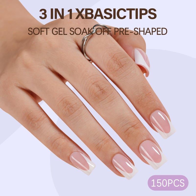 Misssix XBASICTIPS Deep French Gel Nail Tips, 150Pcs Soft Gel French Tip Press on Nails, Short Square Pre-shaped False Nails, No Need to File Fake Nails for Nail Art DIY - Image 3
