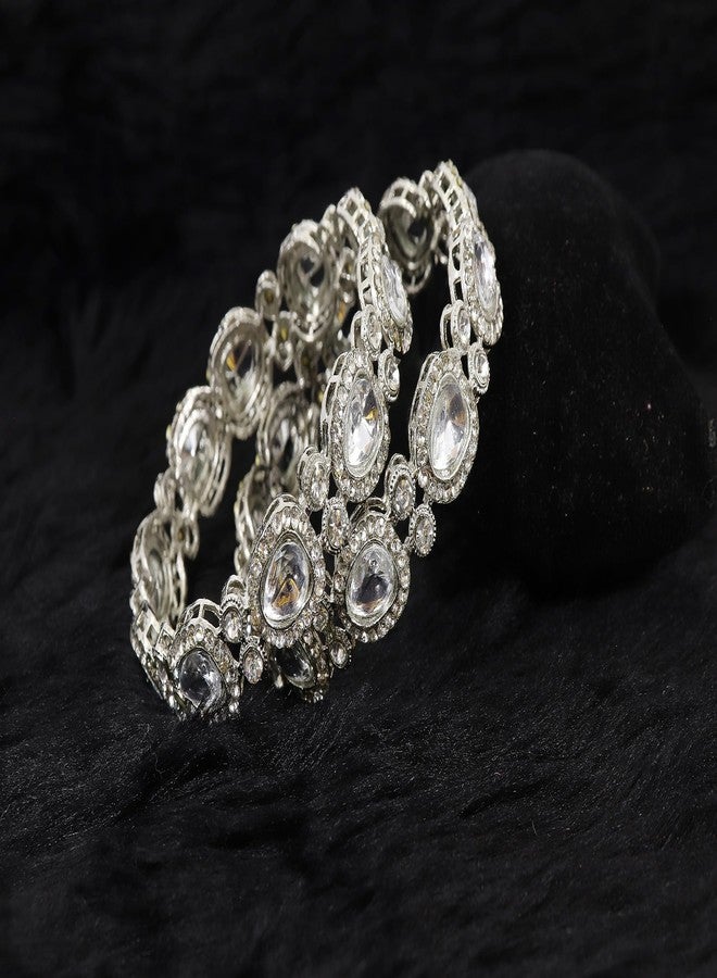 ZULKA Alloy Metal With American Diamond Studded Bangles Set For Girls and Women | Metal Bangles | AD Bangle | Women's Bangles | (Pack of 2), (ZU_MAH50_A1304-Silver-2.6) - Image 4
