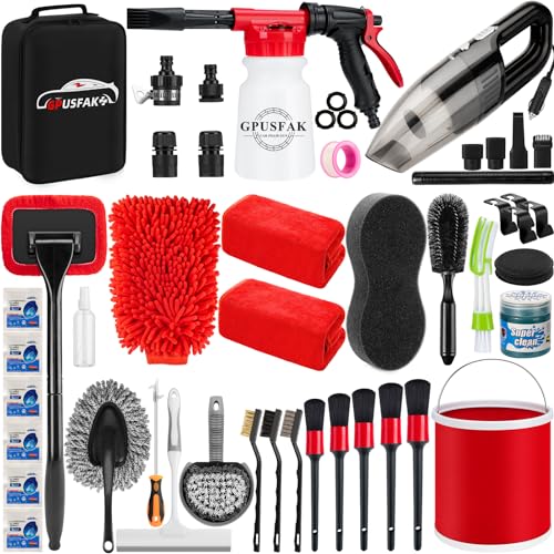 GPUSFAK 46Pcs Car Wash Cleaning Kit with Foam Gun Sprayer Detailing Brushes Car Vacuum Collapsible Bucket Windshield Cleaning Tool Tire Brush Towels Complete Interior Exterior Detailing Set for Car - Image 1