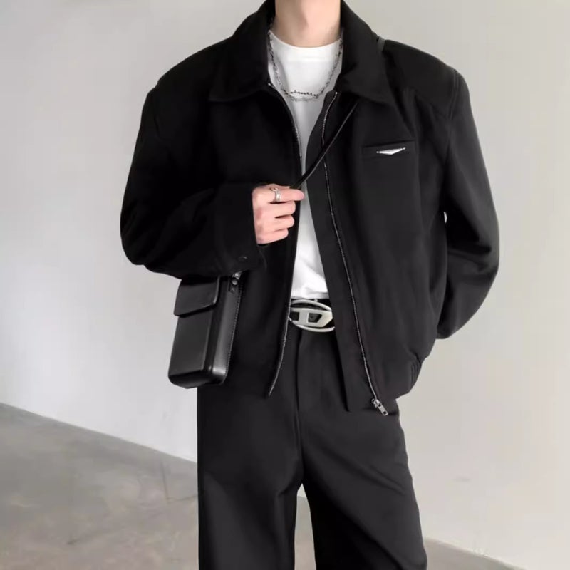 American Style cleanfit Short Jacket Mens Autumn Detroit Tooling Shoulder Jacket Maillard Vintage Biker Suit Black