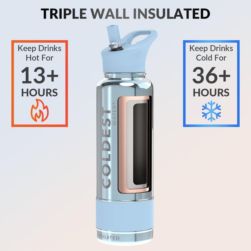 THE COLDEST WATER Coldest Insulated Water Bottle with Straw Lid - Stainless Steel Metal Insulated Bottle for Men & Women (Silver Reflections, 40 oz) - Image 2