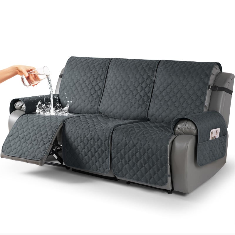 TAOCOCO 100 Waterproof Recliner Covers Recliner Sofa Covers with Leg Straps Reversible Recliner Couch Cover for Reclining Chair Washable Couch Protector for Pets Kids3 Seater Dark Gray