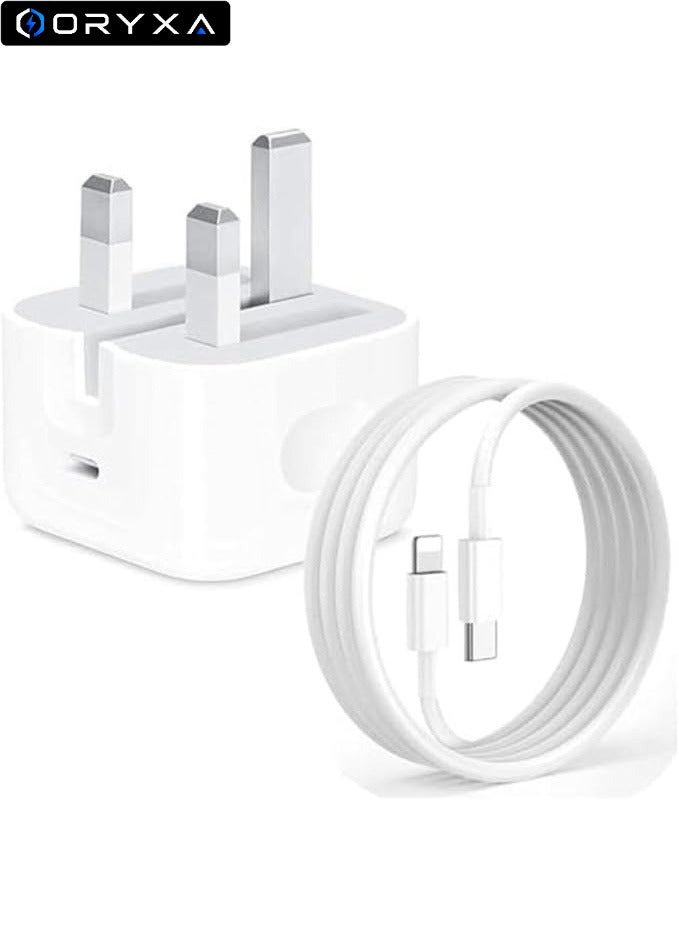 ORYXA 20W PD iPhone Fast Charger, Type C USB C Wall Adapter with 1m USB C to Lightning Cable, UK Plug, Compatible with iPhone 14/14 Pro Max/13/12/11/XS/XR/iPad - White - Image 1