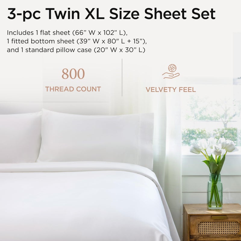 Threadmill Luxury 800 Thread Count 100% Cotton Sheets - Sateen Weave Twin XL Bed-Sheets  Better Than Egyptian Cotton 3 Pc Solid Bedding Set (Hotel White)  Fits 15"" Deep Pocket - Image 2