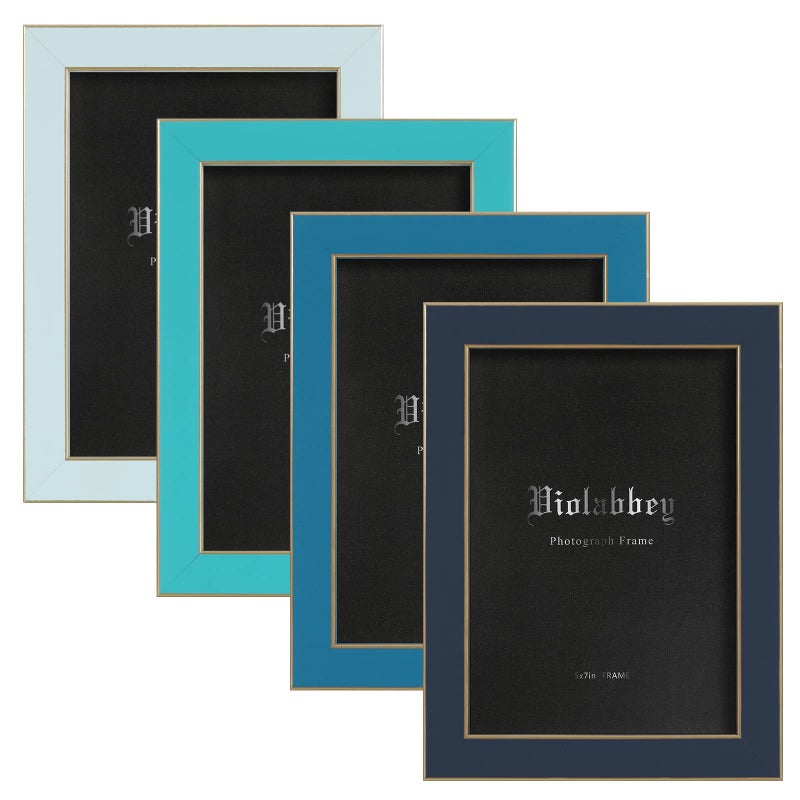 VIOLABBEY 5x7 Picture Frames Set of 4 Colorful Photo Frame of Modern Style High Definition Tempered Real Glass Wall Mounted or Tabletop Display Blue Series